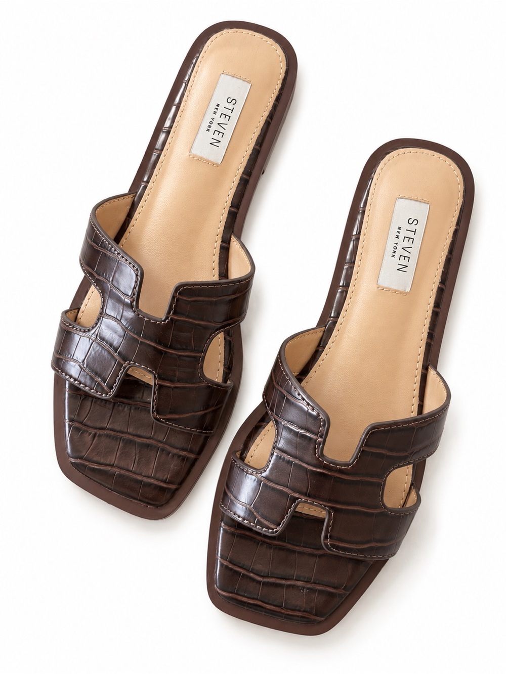 Steven New York Hannah Croc Embossed H Slide Sandals Brown 6.5